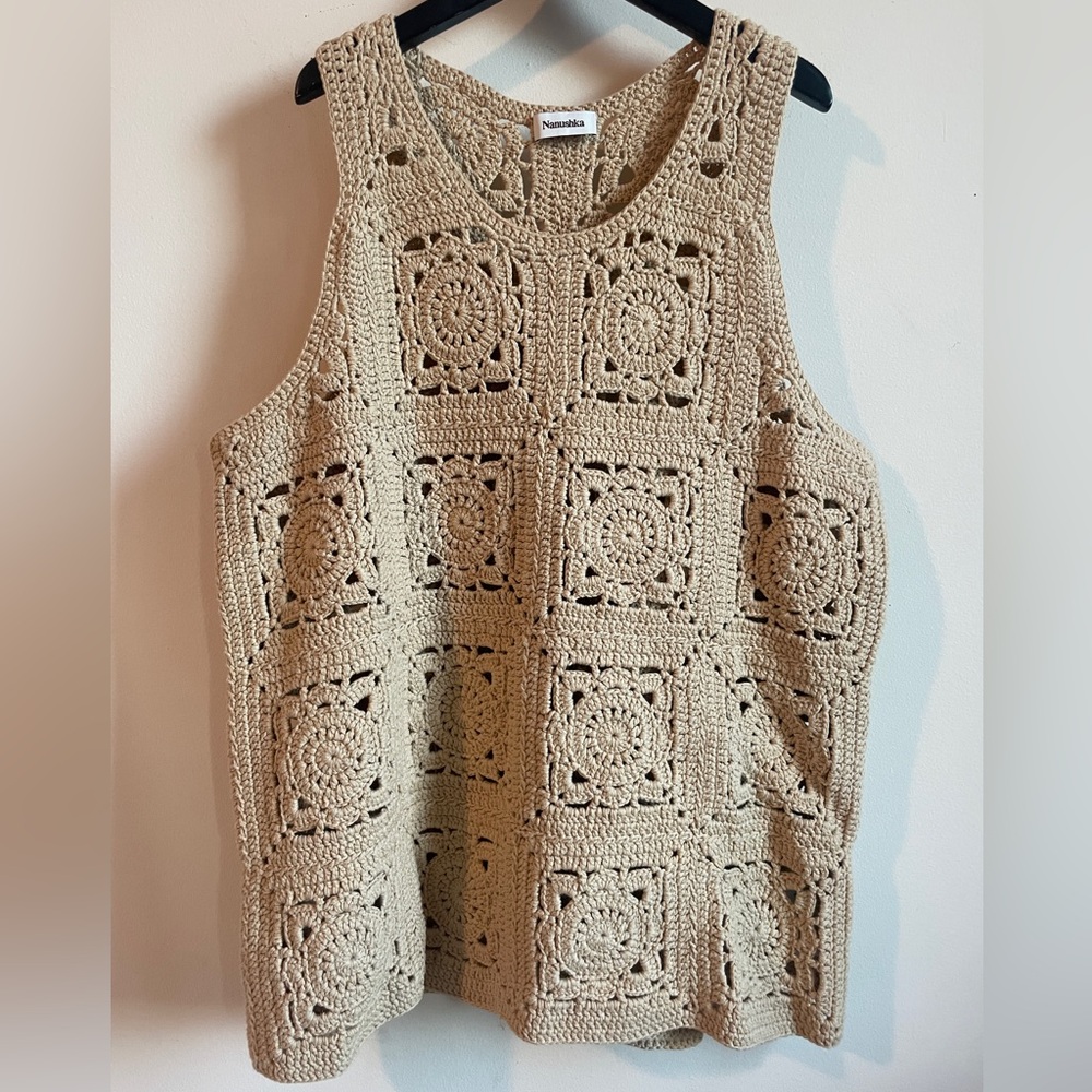 Nanushka Laco crochet knit cotton blend tank top beige size S
